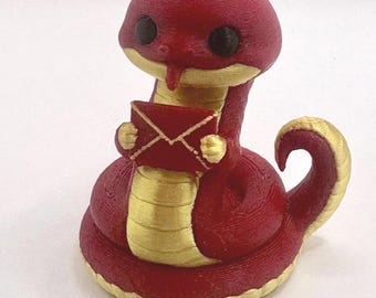 3D Printed Snake Figurine – Red Gold Kawaii Chinese Zodiac Decor (2 Inch)