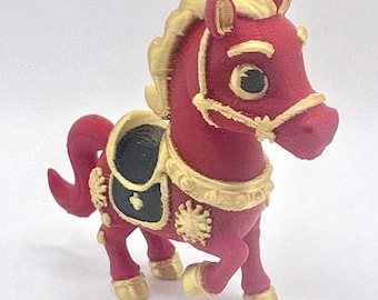 3D Printed Horse Figurine – Red Gold Chinese Zodiac Collectible, Lunar New Year Decor