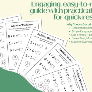 May include: A stack of addition worksheets with math problems. The worksheets have the title "Addition Worksheet" and include equations like 1+2= and 6+2=. The image also includes text that says "Engaging, easy-to-read guide with practical tips for quick results."