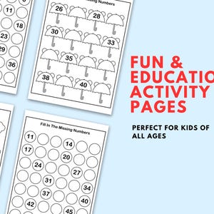 Op de afbeelding: Vier activiteitspagina's met oefeningen om de ontbrekende getallen in te vullen. De pagina's bevatten genummerde cirkels, parapluvormen en boomvormen. De tekst rechts luidt "FUN & EDUCATIONAL ACTIVITY PAGES" en "PERFECT FOR KIDS OF ALL AGES."