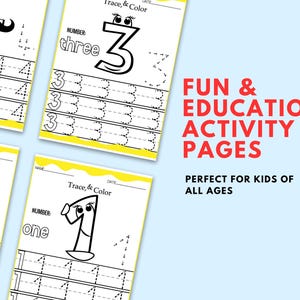 Puede incluir: Páginas de actividades educativas para niños con los números del uno al cuatro con caras, diseñadas para trazar y colorear. Las páginas son blancas con bordes amarillos y el texto "Trace & Color". También se ve el texto "FUN & EDUCATIONAL ACTIVITY PAGES".