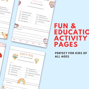 May include: Four activity pages with the text "Happy Mail" and checklists for kids. The pages are decorated with colorful illustrations of rainbows, cupcakes, and flowers. The text "FUN & EDUCATIONAL ACTIVITY PAGES" is displayed in red.