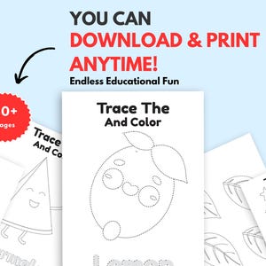 May include: A set of printable worksheets for kids featuring tracing and coloring activities. The worksheets include images of a lemon, a slice of watermelon, and stars. The text on the worksheets reads "Trace The And Color" and "Trace The Line".