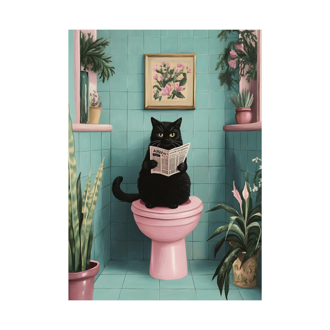 Quirky Black Cat Bathroom Wall Art Funny Cat Poster Retro Bathroom ...