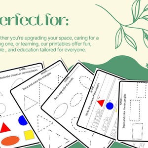 May include: Educational printables for learning shapes. The image shows several worksheets with shapes like triangles, circles, and rectangles. The text on the worksheets includes instructions like "Cut and Paste" and "Trace and color".