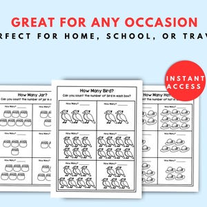 May include: Black and white educational worksheets with counting exercises. The worksheets feature images of jars, birds, and hats, with the text "How Many Jar?", "How Many Bird?", and "How Many Hat?" The text "GREAT FOR ANY OCCASION" is at the top.