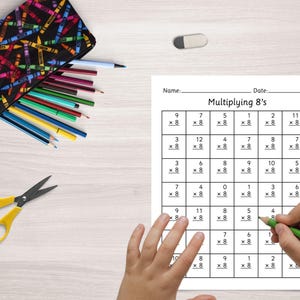 May include: A multiplication worksheet titled "Multiplying 8's" is being completed with a green pencil. A pencil case with colorful crayon designs, colored pencils, a yellow pair of scissors, and an eraser are also visible.