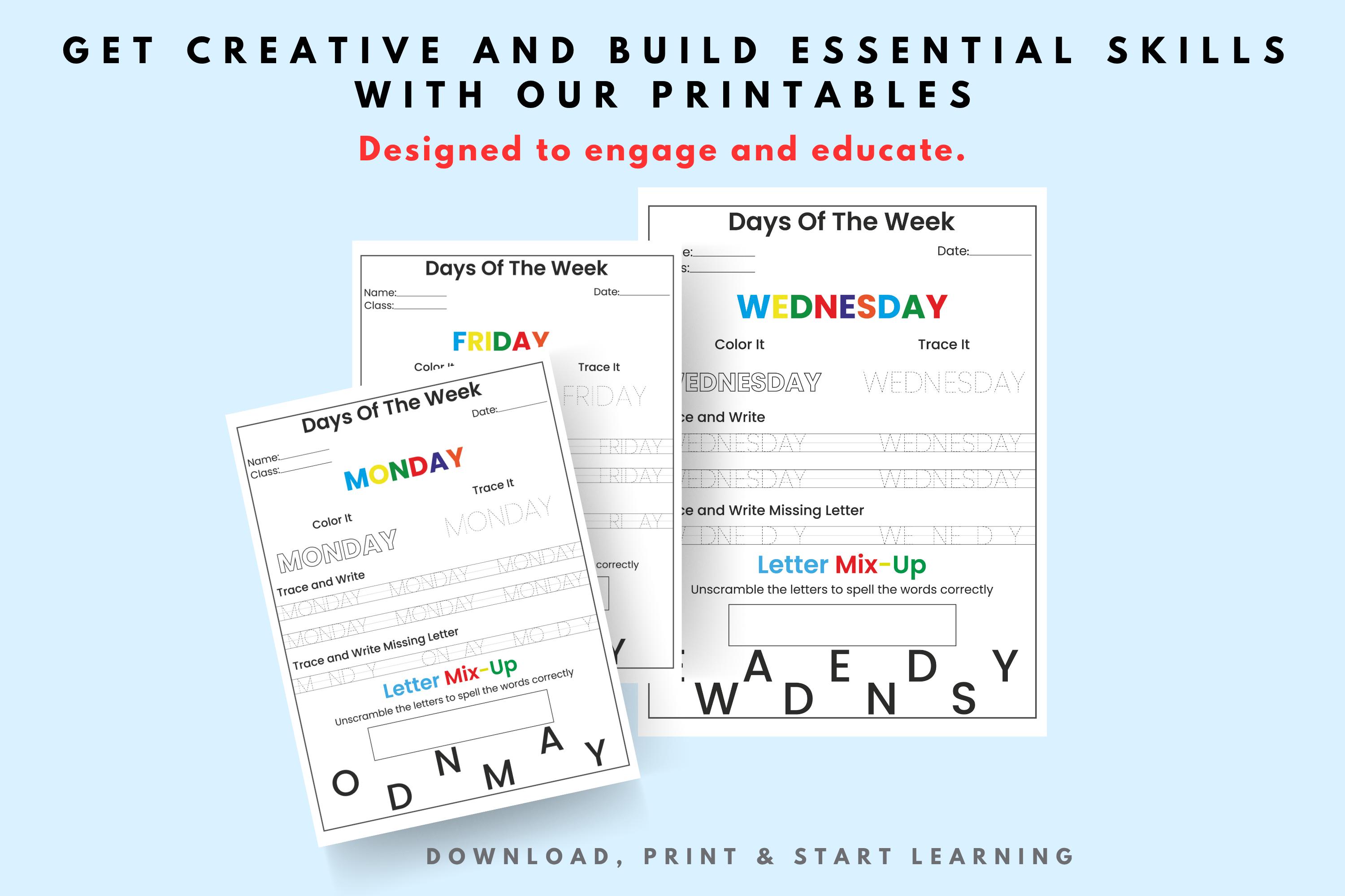 Days of the Week Activity Pages: Trace, Color, Spell - Kids Learning ...