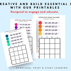 May include: Printable interactive coding challenge sheets with colourful dots and grids. The text reads "Get creative and build essential skills with our printables. Designed to engage and educate." Download, print & start learning.