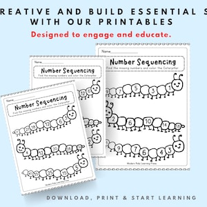 Può includere: Fogli di lavoro stampabili per la sequenza numerica con illustrazioni di bruchi. I fogli di lavoro sono progettati per aiutare i bambini a imparare a contare e a identificare i numeri mancanti. Il testo sui fogli di lavoro recita "Number Sequencing" e "Find the missing numbers and color the Caterpillar."