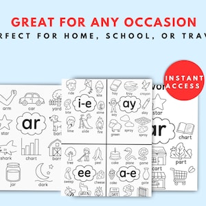 May include: Black and white educational flashcards with illustrations and words for learning phonics. The cards feature words like "car," "star," and "chart," with the text "GREAT FOR ANY OCCASION" at the top.