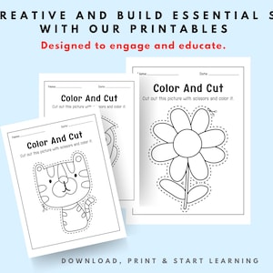 Op de afbeelding: Drie afdrukbare "Color and Cut"-werkbladen met zwarte contouren van een tijger, een bloem en een vorm. De tekst "Color and Cut" is op elk vel zichtbaar, samen met instructies om te knippen en te kleuren. De achtergrond is lichtblauw, met tekst boven en onder.