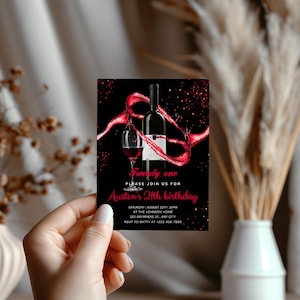 Canva Vorlage Rotwein Geburtstagseinladung Bearbeitbare Party einladen für Erwachsene Weinliebhaber Feier Printable Einladen
