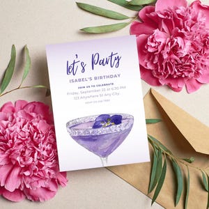Elegante modelo de convite para festa de aniversário em violeta/roxo – Design Canva personalizável para qualquer evento – convite de aniversário para coquetel
