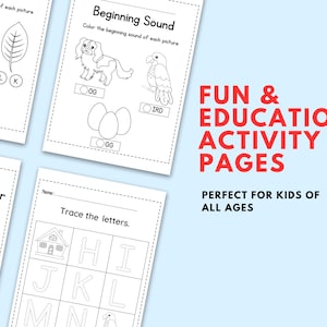 May include: Educational activity pages for children, with black and white illustrations of a train, leaf, mango, dog, parrot, and eggs. The pages include tracing letters and matching sounds. Text reads: "FUN & EDUCATIONAL ACTIVITY PAGES".