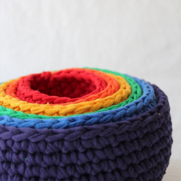 roygbiv nesting bowls for baby, made from crocheted up-cycled t-shirts by yourmomdesigns educational games - waldorf - montessori play