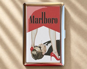 Vintage Red Heel Risque Graphic Cigarette Case-Zigarettenetui Wallet Metal Joint Holder