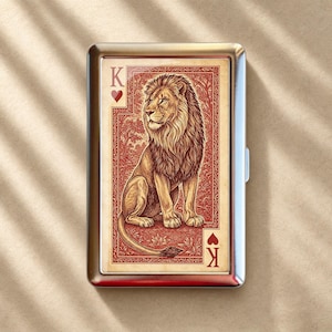 Vintage King of Hearts Engraved Lion Playing Card Cigarette Case-Zigarettenetui Wallet Metal Joint Holder