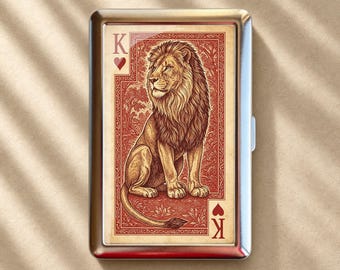 Vintage King of Hearts Engraved Lion Playing Card Cigarette Case-Zigarettenetui Wallet Metal Joint Holder