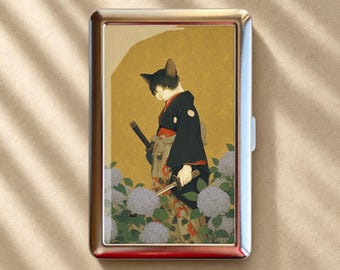 Golden Ukiyo-e Samurai Hydrangea Cat Cigarette Case-Zigarettenetui Wallet Metal Joint Holder