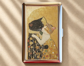 Klimt The Kiss Cuddling Cats Gold Art Cigarette Case-Zigarettenetui Wallet Metal Joint Holder