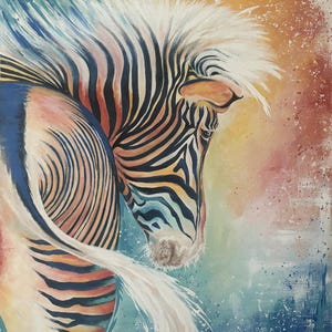 Rainbow Zebra Acrylic Painting 30&quot; x 24&quot;