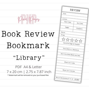 Op de afbeelding: Zwart-witte printbare boekrecensie-bladwijzer met de tekst "Library" en "REVIEW" met velden voor titel, auteur, startdatum, einddatum, pagina's, hoofdstukken, genre, trope, favoriete pagina en hoofdstuk, dit boek in één zin, hoe dit boek me deed voelen, wat ik leuk vond, wat ik niet leuk vond, en zou ik het aanbevelen? J/N ODNF.