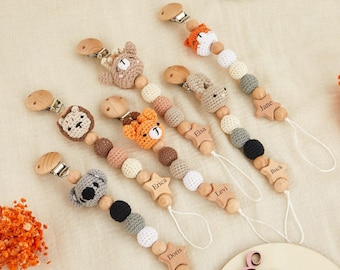 Personalized Crochet Animal Pacifier Clip: Wooden Baby Soother