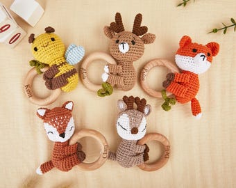 Personalized Crochet Animal Baby Rattle: Engraved Zelkova Wood, Newborn Gift