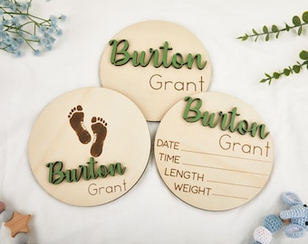 Baby-Ankündigungsschild: Neugeborenen Fotorequisite, Massivholz, Babyname mit Geburtsdaten, passendes Namensschild, Schild für Krankenhaus