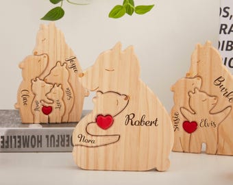 Custom Wooden Bear Family Puzzle, Personalised Family Name Puzzle, Keepsake Gift For Parents, Wooden Animal Carvings, Family Home Decor
