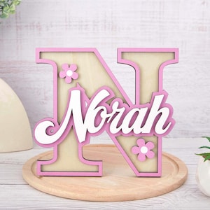 May include: A wooden letter "N" with the name "Norah" in white script, accented with pink trim and small flower details. The wooden cutout is light beige with pink trim and sits on a wooden tray.