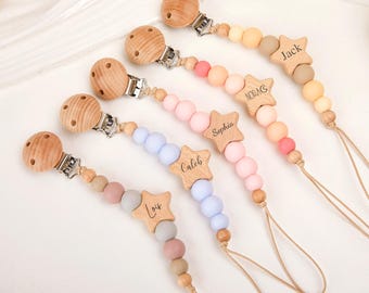 Clip per ciuccio personalizzata, clip per ciuccio Boho, regalo per baby shower, catenella per ciuccio in legno, regalo per neonati, clip per ciuccio personalizzata, fatta a mano