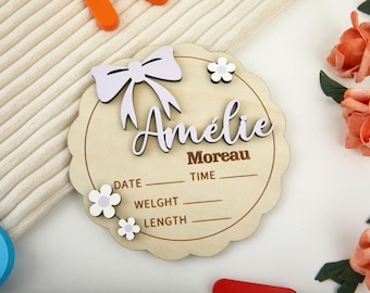 Letrero de madera personalizado para anunciar el nacimiento de un bebé: estadísticas del nacimiento y revelación del nombre.