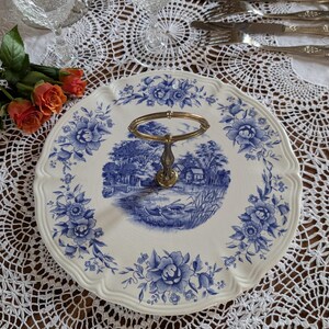 Plateau à Fromages Céramique Bleu/blanc/marron – Rond, Anse, Vintage