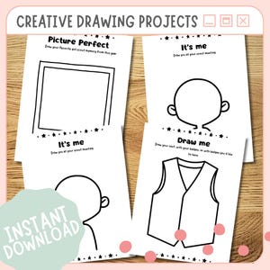 May include: A collection of printable drawing projects for Girl Scouts. The pages feature prompts like "Picture Perfect" and "Draw me," with outlines for drawing a memory, a face, and a vest. The words "Instant Download" are also visible.
