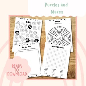 May include: A collection of printable activity sheets featuring puzzles and mazes. The sheets include a maze, word search, and a drawing activity. The text "Puzzles and Mazes" and "Ready to Download" are visible. The sheets are decorated with stars and camping-themed illustrations.