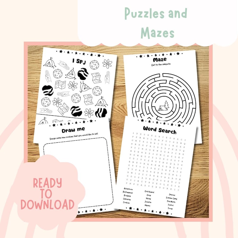 May include: A collection of printable activity sheets featuring puzzles and mazes. The sheets include a maze, word search, and a drawing activity. The text "Puzzles and Mazes" and "Ready to Download" are visible. The sheets are decorated with stars and camping-themed illustrations.