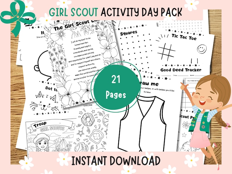 May include: A Girl Scout Activity Day Pack with 21 pages, featuring coloring pages, games, and a Good Deed Tracker. The pack includes the Girl Scout Law and a drawing activity. The words "Instant Download" are also visible.