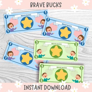May include: Printable set of five blue and green Brave Bucks reward coupons with a star design. Each coupon features a cartoon character and the text "Brave Bucks".