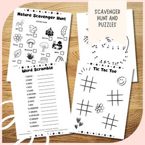 May include: A collection of printable activity sheets for kids, featuring a nature scavenger hunt, word scramble, dot-to-dot, and tic-tac-toe games. The sheets are black and white with illustrations of nature elements and game symbols. The text "Nature Scavenger Hunt" and "Word Scramble" are visible.