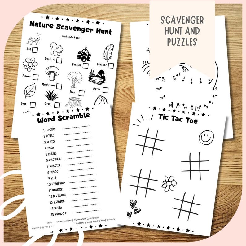 May include: A collection of printable activity sheets for kids, featuring a nature scavenger hunt, word scramble, dot-to-dot, and tic-tac-toe games. The sheets are black and white with illustrations of nature elements and game symbols. The text "Nature Scavenger Hunt" and "Word Scramble" are visible.