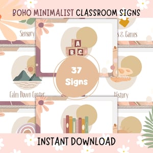 May include: A set of 37 boho minimalist classroom signs with illustrations and text. The signs include "Sensory", "Calm Down Center", "History", "Books", "ABC", and "Games".