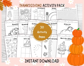 Thanksgiving Activity Pack Printable 30 Pages Kids Games, Coloring, Worksheets, Fall Busy Book PDF Classroom, Homeschool, Dinner Table