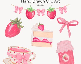 Strawberry Tea Party Clipart | Watercolor Bows, Cakes, Teacups | Cottagecore Digital Download | Commercial Use Clip Art PNG