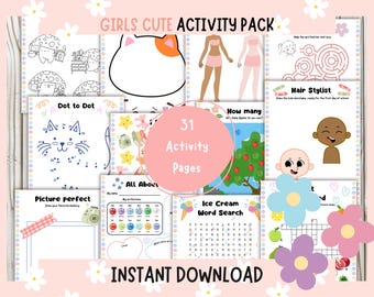 31 Page Girls' Activity Printable Pack – Fun & Creative Printables for Kids! Princess Unicorn printable. Girls Busy book, kids travel pack.