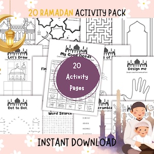 May include: A printable activity pack for kids celebrating Ramadan. The pack includes 20 activity pages with themes like dot-to-dot, word search, and coloring. The pages feature illustrations of mosques, stars, and crescent moons.