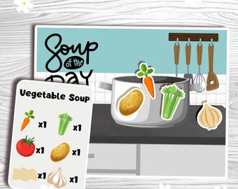 Fun Kids Soup Making, downloadable printable creative play, preschool learning, dramatic play, activity pack. Counting, reading, writing