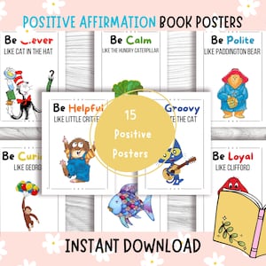 15 carteles de afirmaciones positivas sobre personajes de libros para niños en edad preescolar: ¡decoración imprimible para el aula! Espacios de aula, bibliotecas, educación en el hogar, rincón de lectura