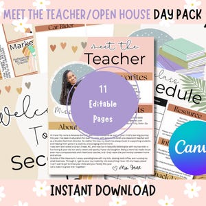 May include: A digital Meet the Teacher/Open House Day Pack with 11 editable pages. The design includes a photo of a teacher, a class schedule, and a welcome message. The Canva logo is visible.